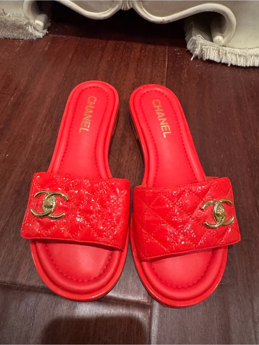 CHANEL Red Quilted Patent Slide Sandals with Gold CC Hardware